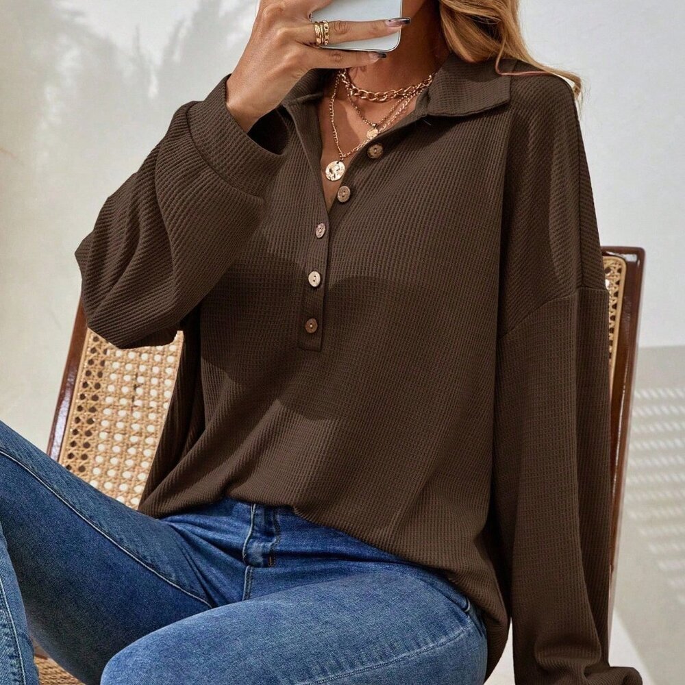 Brown Casual Women's Drop Shoulder Long Sleeve Button Half Placket Loose T-Shirt - Picture 6 of 7